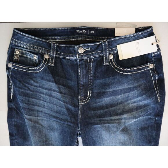 Miss Me M3953B Women's Sz 33 Dk Blue Floral Paradise Mid-Rise Bootcut Jeans - Picture 5 of 13
